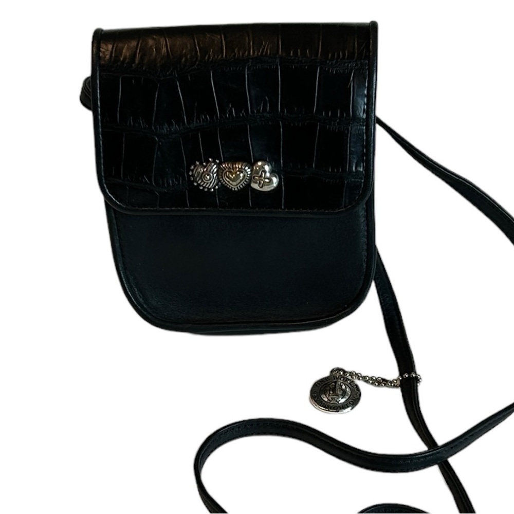 Brighton Women's Silver Three Heart Embellishment Black Croco Flap Crossbody